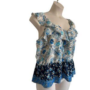 Nine Britton Sleeveless Tank Size XL V Neck Blue Print Adjustable straps Ruffle